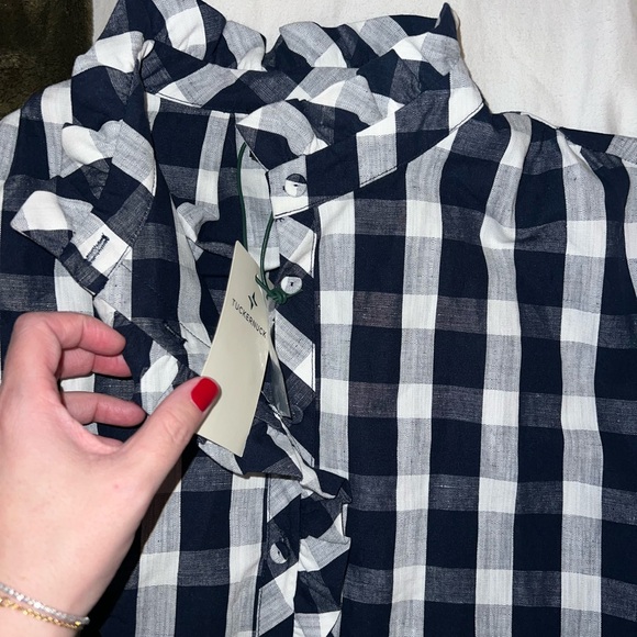 NWT Tuckernuck Linen Blend Tate Dress Navy Check (Ruffle Neck) - Picture 3 of 7